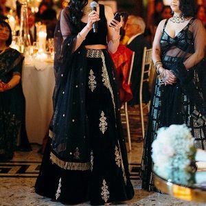 Stand Collar Velvet Charming Top And Lehenga